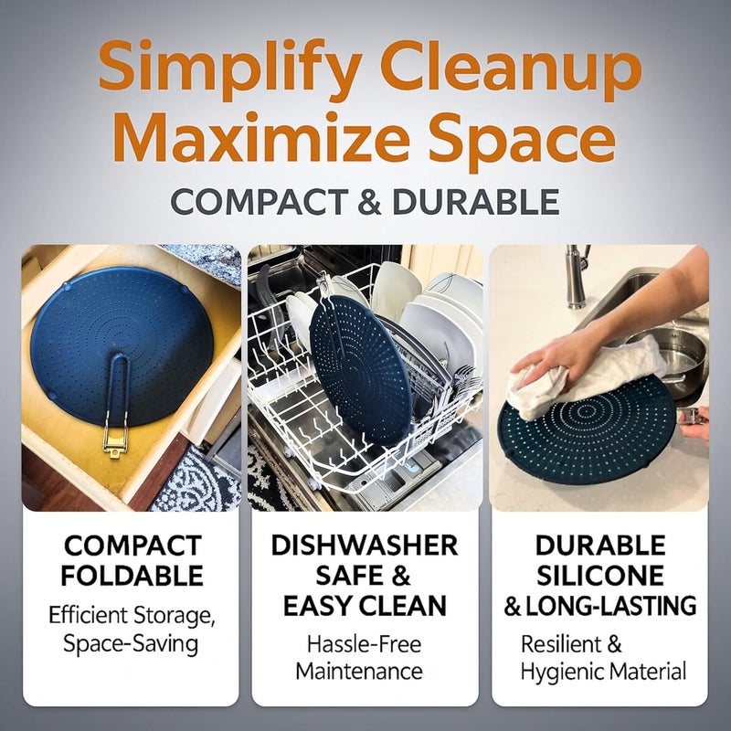 Allumerous Store Silicone Splatter Screen for Frying Pan | Navy 13" | No More Oil Splatters | Long Compact Foldable Handle w/Sleeves, Heat-Resistant, Dishwasher-Safe | Fits 10-12" Pans, Works with Most 13" Skillets - Image 5